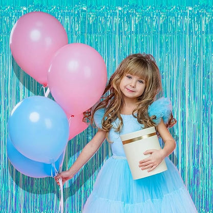 BRAVESHINE Iridescent Blue Foil Fringe Backdrop - 2 Pack 3.2x6.5 ft Holographic Tinsel Streamers Curtains for Christmas/Frozen/Winter’s Snowflake/Birthdays/Mermaid/Sea Party Decorations