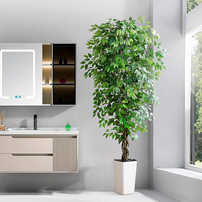 Artificial Ficus Tree 6FT Faux Plants Indoor Tall Fake Plants with White Tall Planter, Green Lifelike Lush Fake Ficus Tree for Home Living Room Bedroom Outdoor Balcony House Office Decor