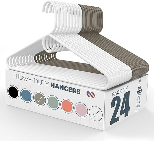 Neaties Heavy Duty Clothes Hangers 20 Pack (24 Count) – Made in The USA – 8lb Capacity Plastic Hangers for Adult Clothing – Durable for Pants, Coats, Jackets, or Jeans – White & Gray
