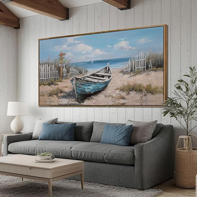 Ardemy Boat Canvas Wall Art Extra Large Framed Coastal Beach Bedroom Pictures Wall Decor Living Room Seascape Paintings Wall Decor Textured Artwork for Kitchen Dining Room Home Office, 58"x29"