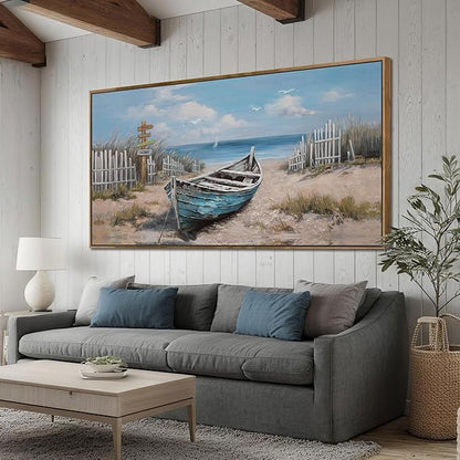 Ardemy Boat Canvas Wall Art Extra Large Framed Coastal Beach Bedroom Pictures Wall Decor Living Room Seascape Paintings Wall Decor Textured Artwork for Kitchen Dining Room Home Office, 58"x29"