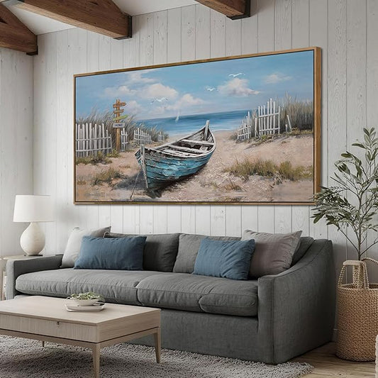 Ardemy Boat Canvas Wall Art Extra Large Framed Coastal Beach Bedroom Pictures Wall Decor Living Room Seascape Paintings Wall Decor Textured Artwork for Kitchen Dining Room Home Office, 58"x29"