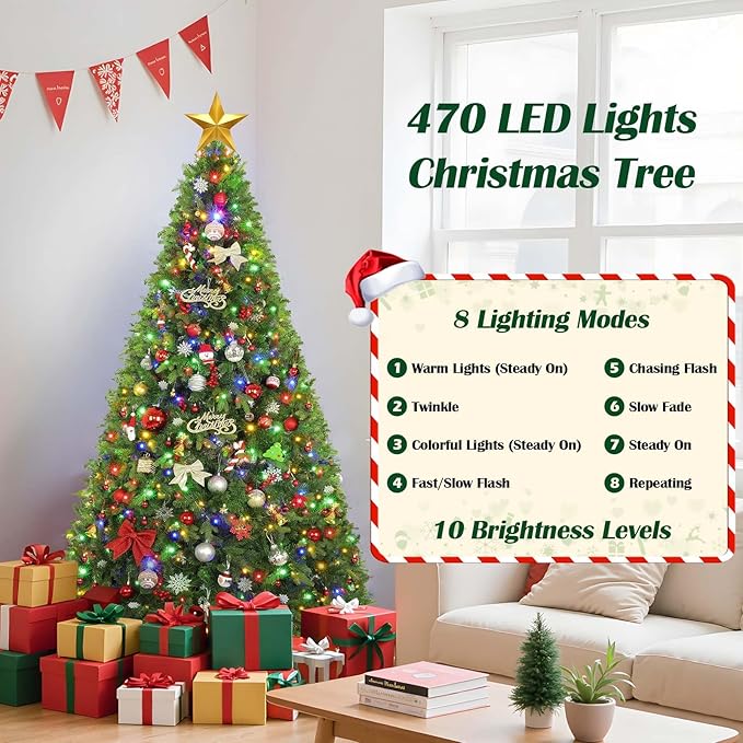 GGOYING 9FT Pre-Lit Flocked Christmas Tree with Rotating Stand & Remote, Green Dense Branches, Realistic Holiday Decorations, LED Lights (RGB + Warm White)