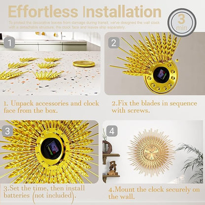 Large Mid Century Gold Wall Clock Decorative Modern Sunburst Wall Clocks, Metal Big Silent Non-Ticking Clock, Luxury Home Gift Decor for Living Room, Bedroom, Dining Room, 24 inch