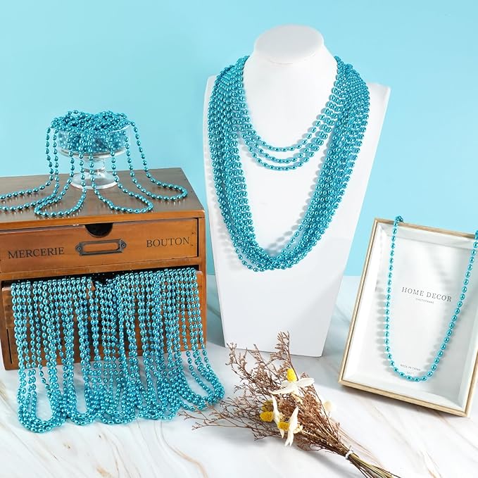 SHAOQINLIN 100 PCS Teal Bead Necklaces, Teal Mardi Gras Beads Necklaces Turquoise Party Beads Necklace Bulk Oval Beaded Necklaces for Mardi Gras, Christmas, School Spirit Day Party Favors