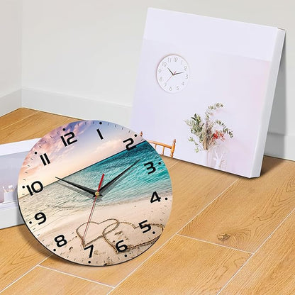 Two Hearts on a Sandy Beach Wall Clocks Vintage Wooden Battery Operated Sunset Non Ticking 10 inch Clock Silent Art Bedroom Kitchen Clock Home Decor for Girls Kids