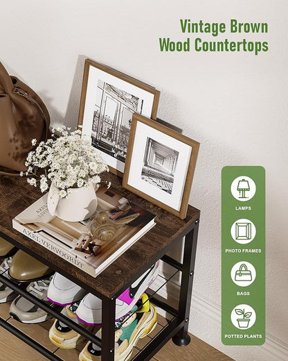 3-Tier Shoe Rack Bench - Entryway Organizer with Shoe Storage, Sturdy Shoe Shelf for Front Door, Small Space Saving Furniture, Brown, 27.2" x 12.0" x 15.9"