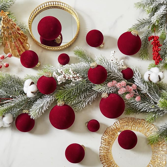 Velvet Christmas Ball Ornaments Set-46pcs Flocked Shatterproof Christmas Tree Decorations Plastic Xmas Decorative Hanging Ornaments for Xmas Holiday Home Decor,3 Sizes(Burgundy)