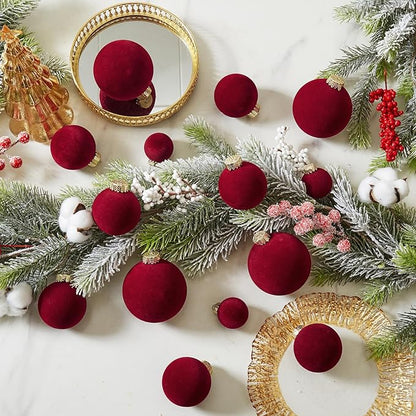 Velvet Christmas Ball Ornaments Set-46pcs Flocked Shatterproof Christmas Tree Decorations Plastic Xmas Decorative Hanging Ornaments for Xmas Holiday Home Decor,3 Sizes(Burgundy)