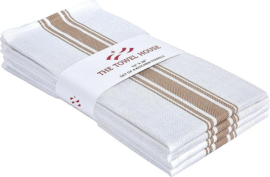 100% Cotton Herringbone Kitchen Towels – Ultra Absorbent, Quick-Dry Dish Towels with Hanging Loop – Soft, Durable & Large 18" x 28"– Beige, Pack of 4
