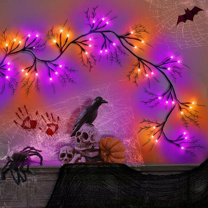 9 Ft 54 LED Halloween Willow Vine Twig Decor Garland with 8 Modes Timer Orange & Purple Lights Waterproof Battery Operated Halloween Decorations for Home Bedroom Wall Fireplace Mantle Decor