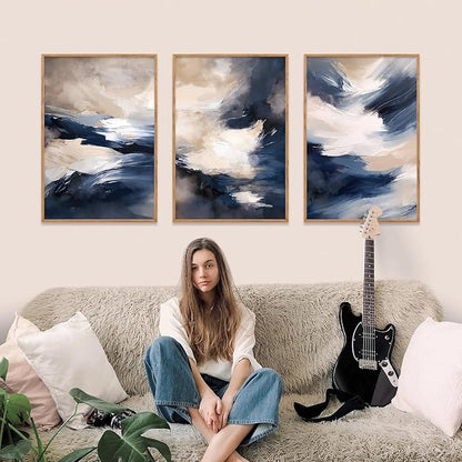 HLNIUC Blue Beige Abstract Wall Art Set of 3(16x24), Navy Brush Stroke Modern Art Decor, Earth Tone Minimalist Shape Framed Painting, Rust Dusty Neutral Prints for Living Room, Bedroom, Office