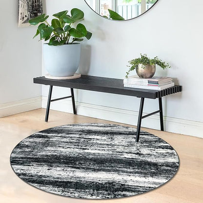 KOZYFLY Modern Abstract Round Area Rug 3Ft, Washable Kitchen Rug Non-Slip Soft Small Bathroom Circle Rug, Black Navy Blue Grey Striped Entryway Rugs Faux Wool Doormat for Bedside Entrance Sink