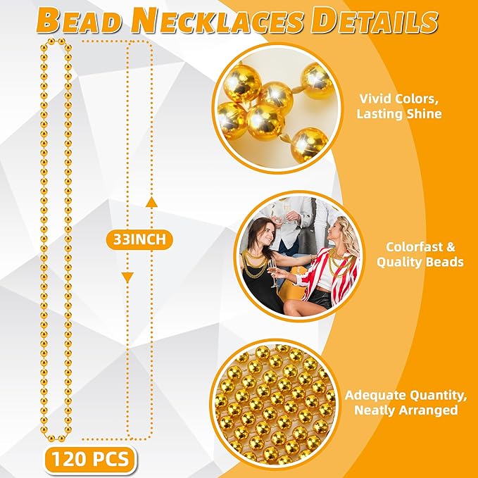 YAXINRUI 120 PCS Gold Mardi Gras Beads, Gold Bead Necklaces, Christmas Necklace, 33 Inch Round Beaded Necklace for Mardi Gras Party Christmas New Year Eve Festive Events, Party Favors