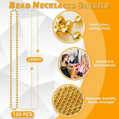 YAXINRUI 120 PCS Gold Mardi Gras Beads, Gold Bead Necklaces, Christmas Necklace, 33 Inch Round Beaded Necklace for Mardi Gras Party Christmas New Year Eve Festive Events, Party Favors
