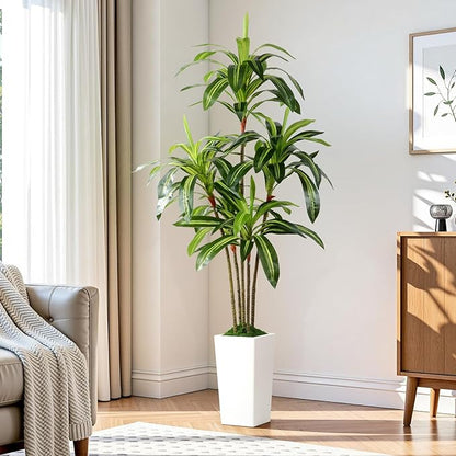 Artificial Dracaena Fake Tree 6FT, White High Pot Artificial Plants Indoor&Outdoor, Fake Plants for Office/Home/Living Room Potted Decoration, 6ft