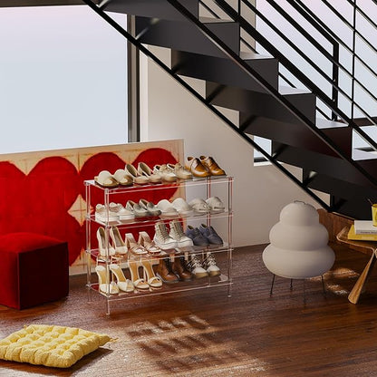 Aquiver 4 Tier Acrylic Shoe Rack for Closet - Wide Shoe Rack - Entryway Shoe Organizer for 16-20 Pairs of Shoes, Easy to Clean, 32.3'' L x 11.8'' W x 28.4'' H
