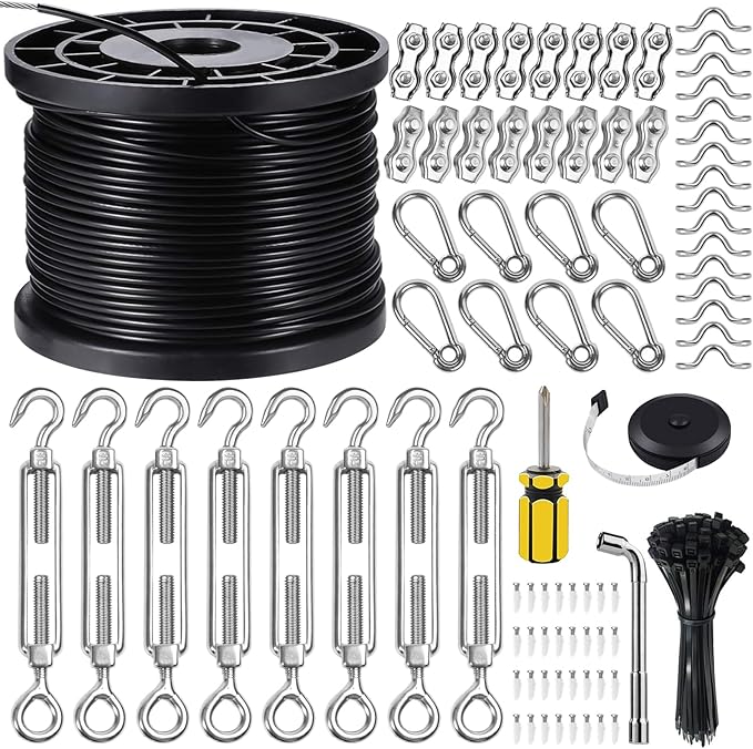 BLIKA String Light Hanging Kits, 400FT Coated Stainless Steel 304 Wire Rope, Outdoor Light Guide Wire, Globe String Light Suspension Kit Included Turnbuckles, Enough Accessories, Use Manual