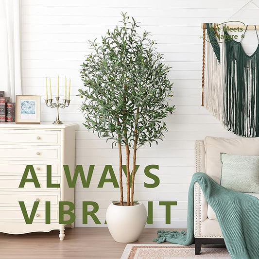 7FT Olive Tree Artificial Indoor Faux Plant - Tall Fake Silk Tree, Natural Trunk, Easy Maintenance Fake Tree Home Decor - Large Indoor Plant for Living Room, Office, Modern Home,VN356