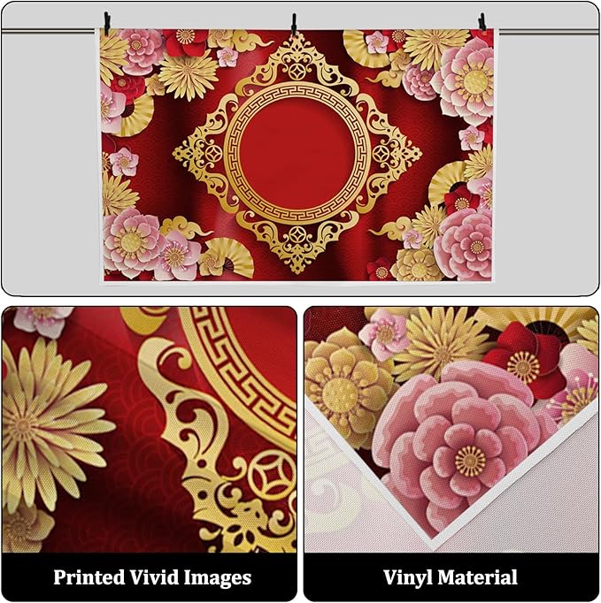 AOFOTO 5x3ft Chinese New Year Backdrop Red and Gold Paper-cuts Floral Lucky Clouds Traditional Spring Festival Asian Lunar New Year Background Room Decoration Banner Kid Portrait Photo Shoot Props
