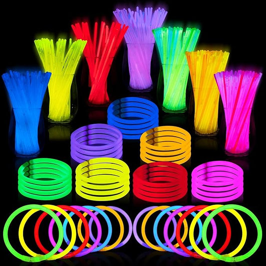 JOYIN 100 Pcs 8" Glow sticks Bulk Party Favors Pack, New Years Eve Neon Glow in the Dark Party Supplies, Light Up Necklaces and Bracelets with Connectors, Christmas, Football, Birthday Decorations