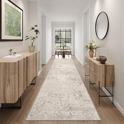 Art&Tuft Non-Slip Runner Rug - 3x12 Runner Rug Washable Low-Pile Rugs Runners, Soft Distressed Carpet Runner for Bedroom Bathroom Kitchen Laundry Living Room, Beige