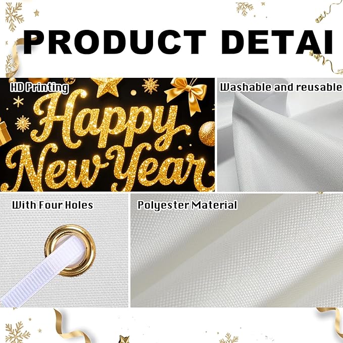 Nuxovilar Happy New Year Banner, Golden Opulent Elements Backdrop for Party Decorations, 71x43 Inch
