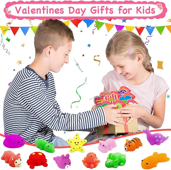 28 Pack Valentines Day Gifts for Kids, Mochi Squishies Party Favor Set with Valentines Greeting Cards for Kids Valentine School Gifts Prize Classroom Exchange Gift Set
