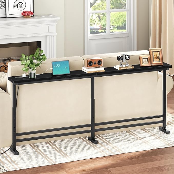 70.9" Console Table with Adjustable Height (27.6"-35.4") and Power Outlet, Skinny Behind Couch Table, Narrow Long Sofa Table for Living Room, Hallway, Entryway, Black CT08UBB