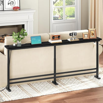 70.9" Console Table with Adjustable Height (27.6"-35.4") and Power Outlet, Skinny Behind Couch Table, Narrow Long Sofa Table for Living Room, Hallway, Entryway, Black CT08UBB