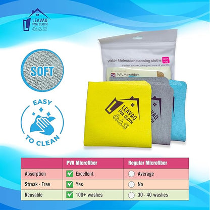 3-Pack PVA Microfiber Cleaning Cloth – 12"x12" Ultra Absorbent, Quick Dry, Streak-Free, Kitchen, Glass, Home & Office