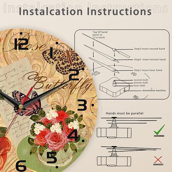 Vintage Rose and Butterfly Wall Clock, Contemporary Home Decor Easy to Read Wall Clock for Living Room, Bedroom, Bathroom and Kitchen, 10 Inch