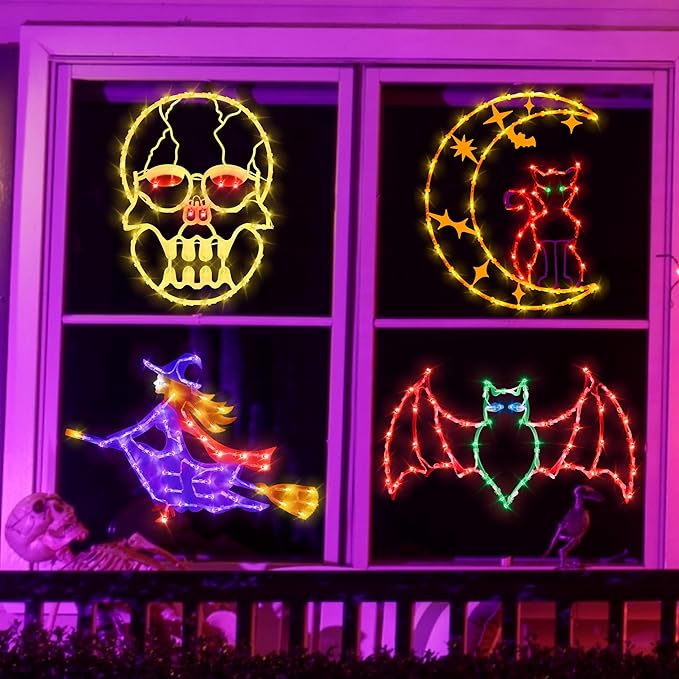 Halloween Decorations - 16" Halloween Window Silhouette Lights - 4 Pack Colour Lighted Cat on Moon & Skull Head & Bat & Witch for Holiday Indoor and Outdoor Wall Door Window Decorate