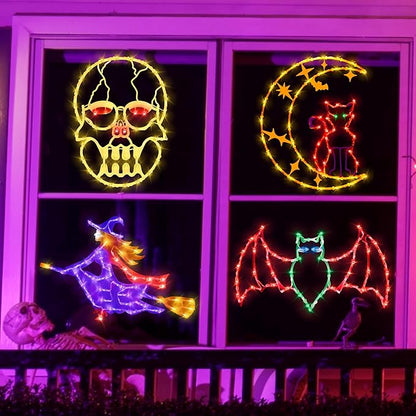 Halloween Decorations - 16" Halloween Window Silhouette Lights - 4 Pack Colour Lighted Cat on Moon & Skull Head & Bat & Witch for Holiday Indoor and Outdoor Wall Door Window Decorate