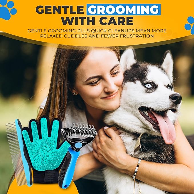 Pet Hair Removal Glove + Hair Brush Set – Dog Grooming Gloves for Shedding, Cat Grooming Brush, Cat Hair Brush – Pet Hair Remover Glove for Dogs & Cats, Dog Shedding Tool for All Coats