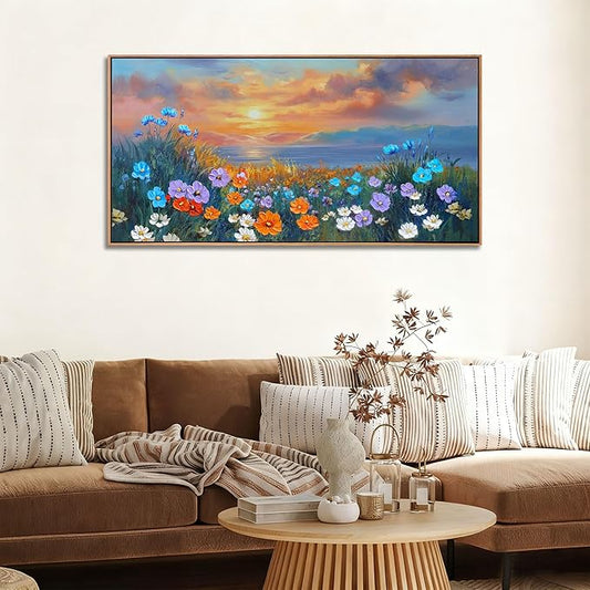 Ardemy Wildflower Wall Art for Living Room Large Framed Floral Canvas Pictures Bedroom Wall Decor Sunset Paintings Flower Textured Artwork for Walls Dining Room Home Office 48"x24"