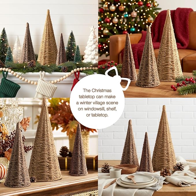3pcs Natural Woven Christmas Trees Decor, Artificial Christmas Tree Decorations for Home Party Table Village Craft Indoor Outdoor Vintage Christmas Decor(Khaki+Dark Brown+Dark Khaki)