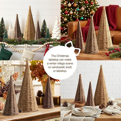 3pcs Natural Woven Christmas Trees Decor, Artificial Christmas Tree Decorations for Home Party Table Village Craft Indoor Outdoor Vintage Christmas Decor(Khaki+Dark Brown+Dark Khaki)
