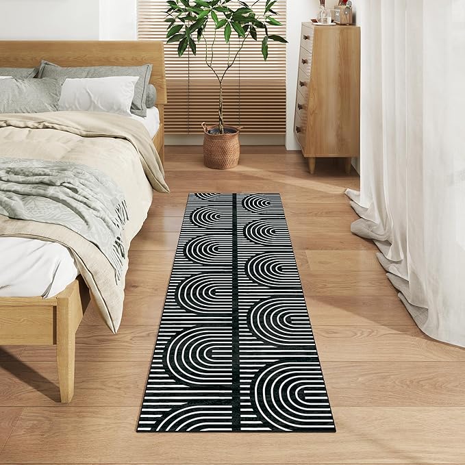 2x6 Washable Black Runner Rugs for Kitchen, Soft Abstract Rainbow Boho Rug for Bedroom Bedside Laundry Room Bathroom,Modern Non Slip Low Pile Floor Mat