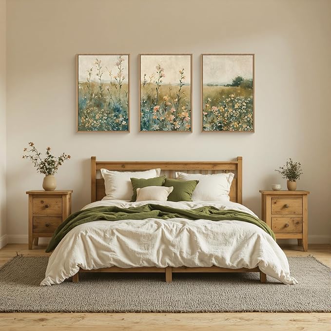 HLNIUC Vintage Watercolor Wildflower Landscape 3 Piece Wall Art Framed, Large Retro Floral Wall Decor(24x36), Nature Wilderness Farmhouse Rustic Field Canvas Painting for Living Room, Bedroom, Office