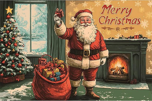 YongFoto Retro Merry Christmas Backdrop 12x10ft Santa's Home Christmas Tree Fireplace Photography Background Happy New Year Xmas Eve Family Party Banner Room Decor Photoshoot Wallpaper Photo Booth