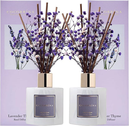 Cocorrína Premium Reed Diffuser Set with Preserved Baby's Breath & Cotton Stick Lavender Thyme 2 Packs, 6.7oz Scent Fragrance Oil Diffuser for Bedroom Bathroom Home Décor
