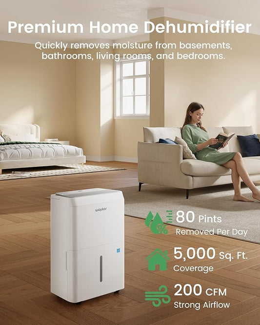 Waykar 80 Pint 2025 Energy Star Dehumidifier for Home, Basement, Large Rooms up to 5,000 Sq. Ft. - Auto Defrost, Ultra Quiet(40 dB), Auto Comfort Mode, with Drain Hose & Water Tank