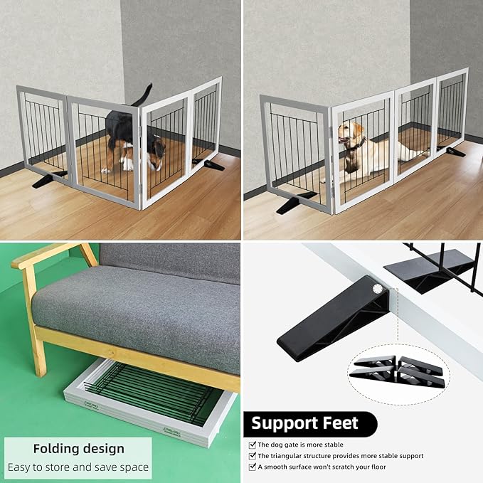ZJSF Freestanding Dog Gate Indoor, Foldable Dog Fence for Doorways,Hallways or Stairs, Sturdy Wood Extra Wide Pet Gate with Support Feet,Grey,32 "Height-4 Panels