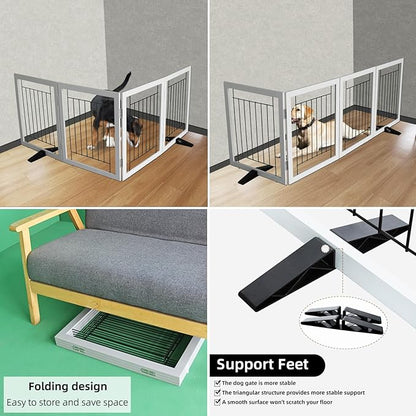 ZJSF Freestanding Dog Gate Indoor, Foldable Dog Fence for Doorways,Hallways or Stairs, Sturdy Wood Extra Wide Pet Gate with Support Feet,Grey,32 "Height-4 Panels