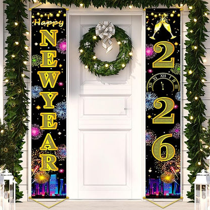 Upgraded, Ideal New Years Eve Party Supplies 2026, 300D Premium New Year Banner 2026, Large 71x12in (with 2pcs Golden hanging rod) Classic Design, HQ Fabric, HD Printing, Perfect for NYE Decorations