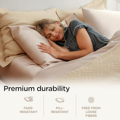 Threadmill American Supima King Size Sheets Set | 656 Thread Count 4 Piece Luxury Bed Sheets for King Size Mattress | 5 Star Hotel Quality Sheets with Elasticized Extra Deep Pocket | Beige Sheets
