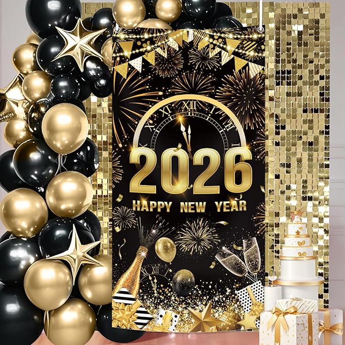 MEHOFOND 2026 Happy New Year Door Cover, Black and Gold New Year Front Door Party Decorations, Cheers to 2026 Hello 2026 Fireworks Champagne Balloon Decor Holiday Party Photo Booth Props