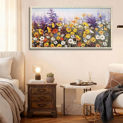 Ardemy Wildflower Wall Art Canvas Living Room Framed Daisy Floral Large Colorful Pictures Wall Decor Textured Purple Paintings Artwork for Walls Bedroom Home Office, 58"x29"