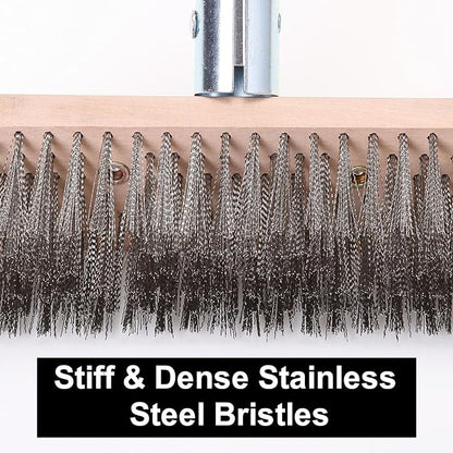 MAXMAN Stainless Steel Wire Scrub Brush with Long Handle, 63" Heavy Duty Large Wire Brush, Stiff Metal Bristle Floor Scrubber, Outdoor Patio Cleaning, Wire Broom for Deck, Concrete, Moss Removal